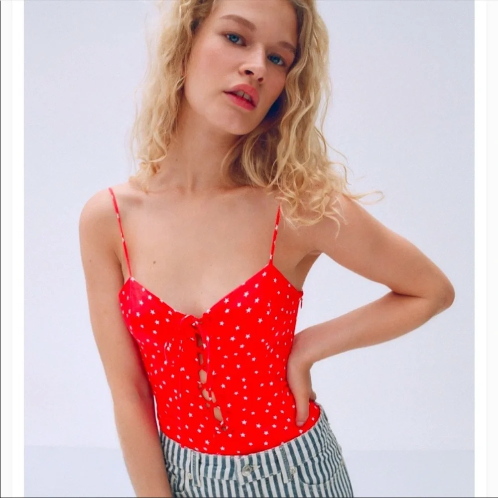 NWT ZARA | Red white stars print bodysuit top women’s Small - Picture 2 of 9